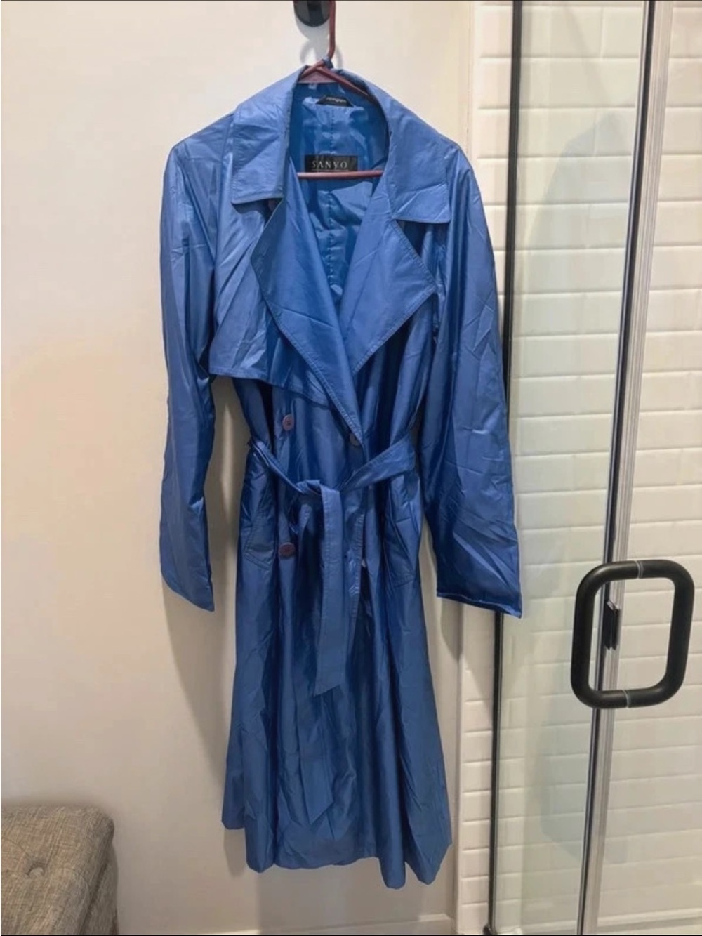 Sanyo Blue Double-Breasted Trench Coat with Self-Tie Belt